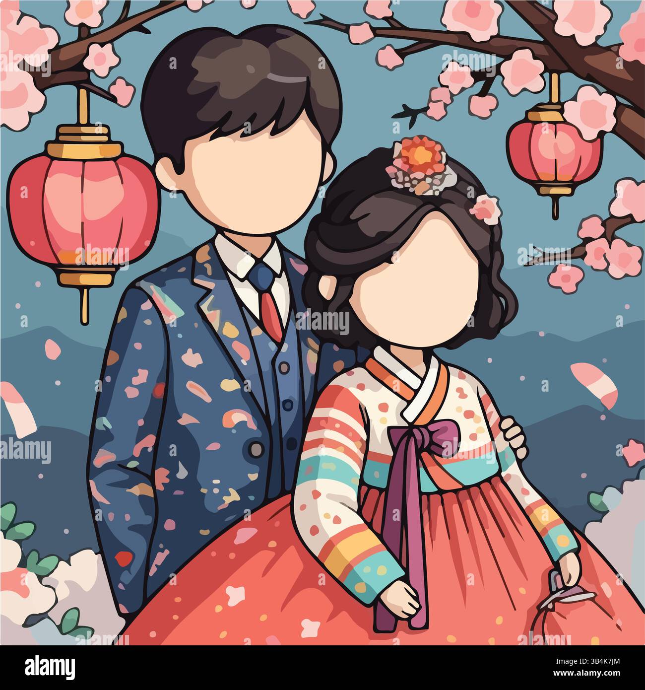 Sposa e sposo con cultura cinese e coreana. Asia orientale. Set di personaggi dei cartoni animati in costume tradizionale da sposa e sposo. Le persone carine stanno piangendo Vector. Illustrazione Vettoriale