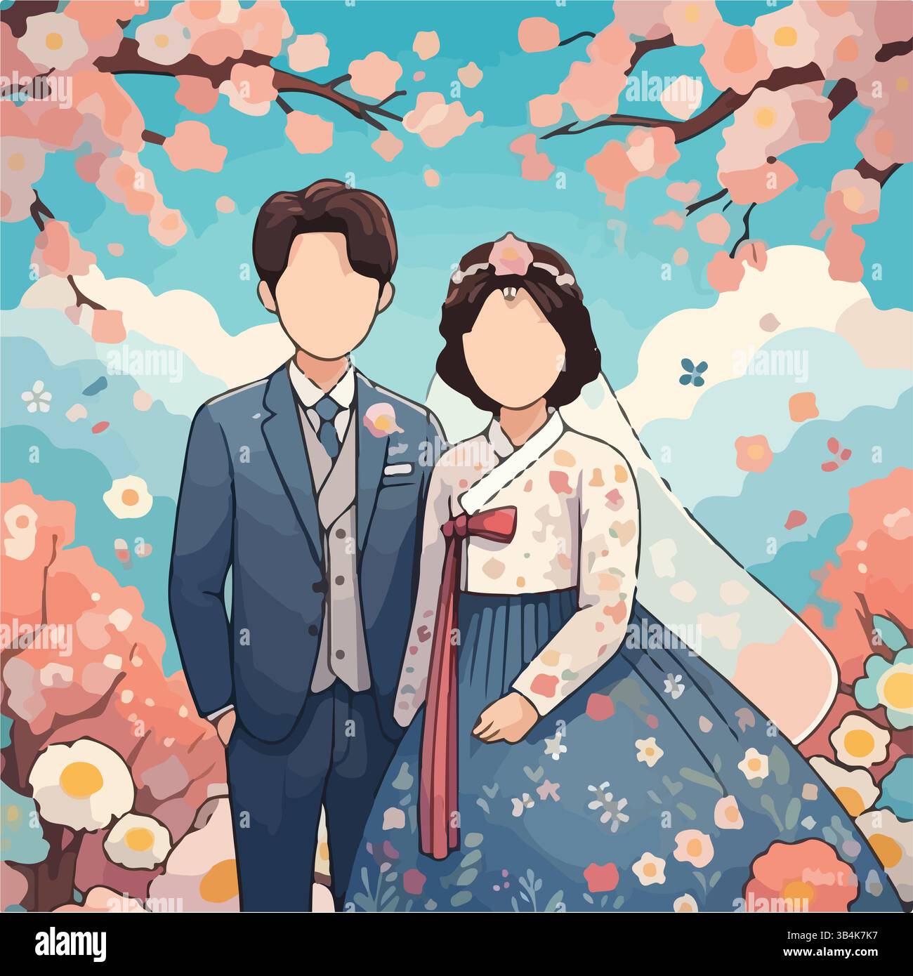 Sposa e sposo con cultura cinese e coreana. Asia orientale. Set di personaggi dei cartoni animati in costume tradizionale da sposa e sposo. Le persone carine stanno piangendo Vector. Illustrazione Vettoriale