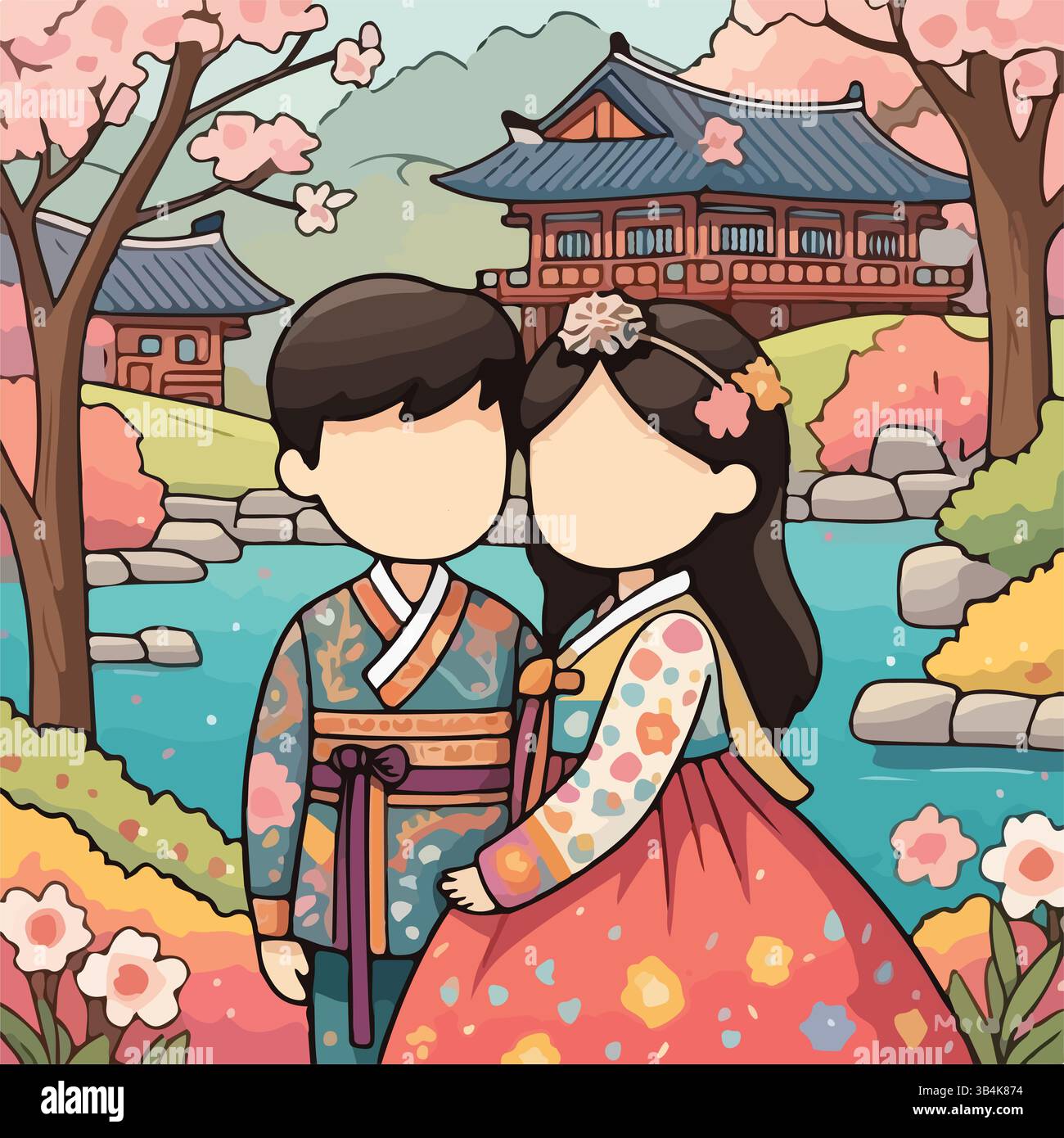 Sposa e sposo con cultura cinese e coreana. Asia orientale. Set di personaggi dei cartoni animati in costume tradizionale da sposa e sposo. Le persone carine stanno piangendo Vector. Illustrazione Vettoriale