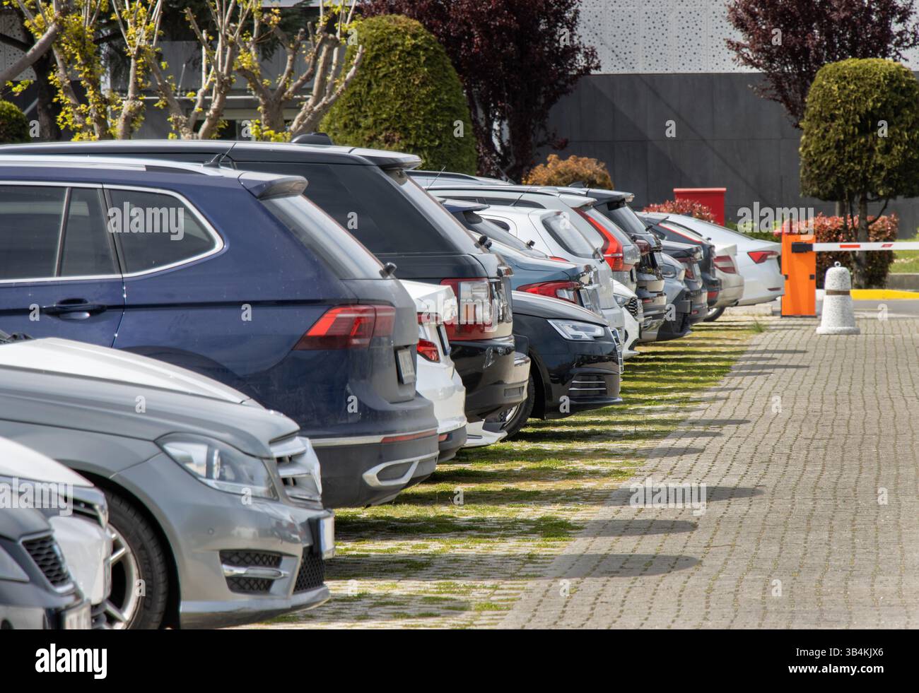 Le auto sono parcheggiate in modo ordinato in un parcheggio aperto Foto Stock