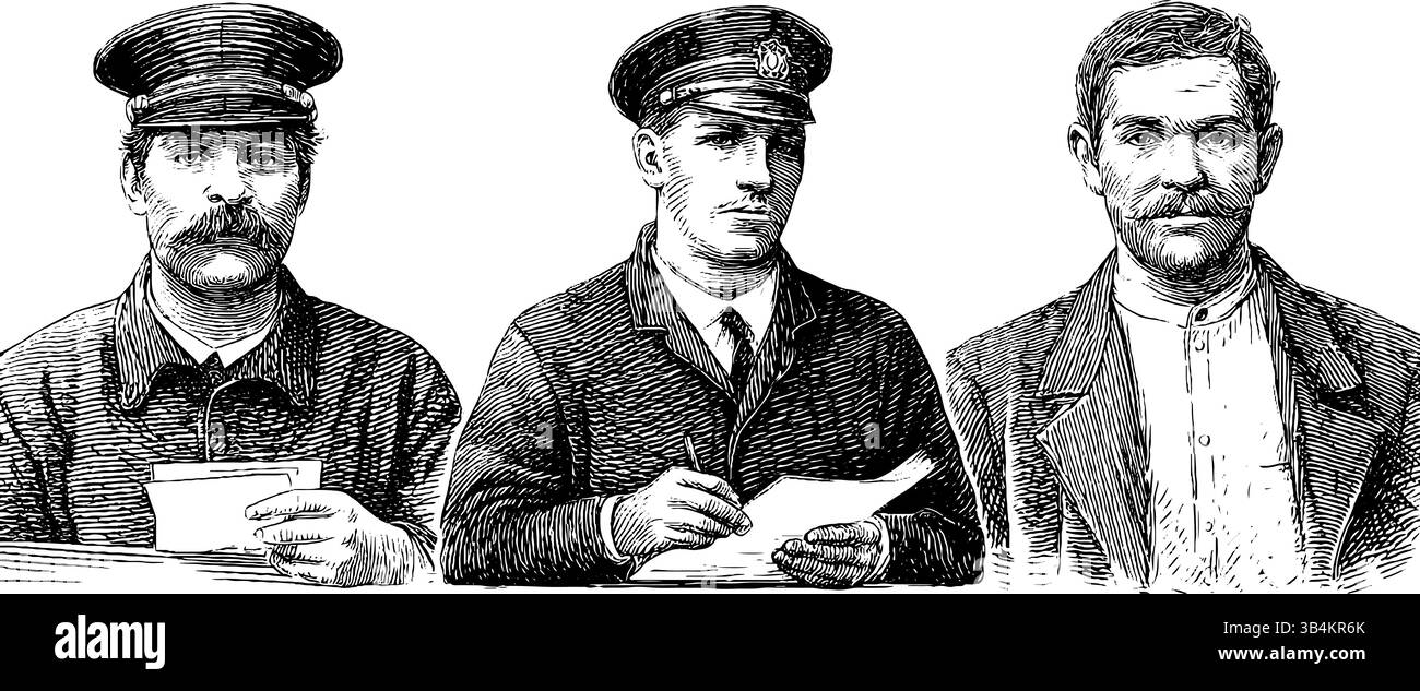 Illustrazioni incise di ufficiali in libertà vigilata in uniformi storiche per uso didattico. Illustrazione Vettoriale