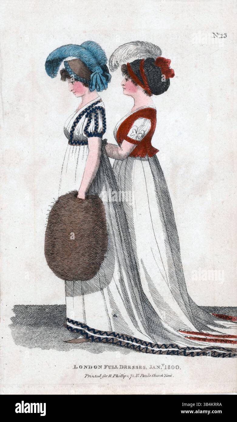 Incisioni colorate a mano dalla rivista di moda femminile di Londra e Parigi pubblicata da Richard Phillips gennaio 1800 London Full Dress antiche stampe vintage abiti da donna Foto Stock