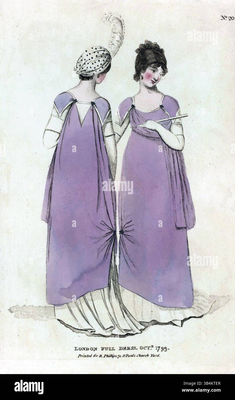 Incisioni colorate a mano dalla rivista di moda femminile di Londra e Parigi pubblicata da Richard Phillips ottobre 1799 London Full Dress opere d'arte vintage antiche stampe abiti da donna Foto Stock