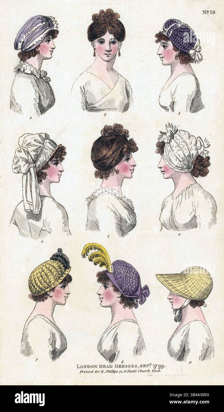 Incisione colorata a mano dalla rivista di moda femminile di Londra e Parigi pubblicata da Richard Phillips settembre 1799 la testa di Londra veste le antiche opere d'arte vintage abiti da donna Foto Stock
