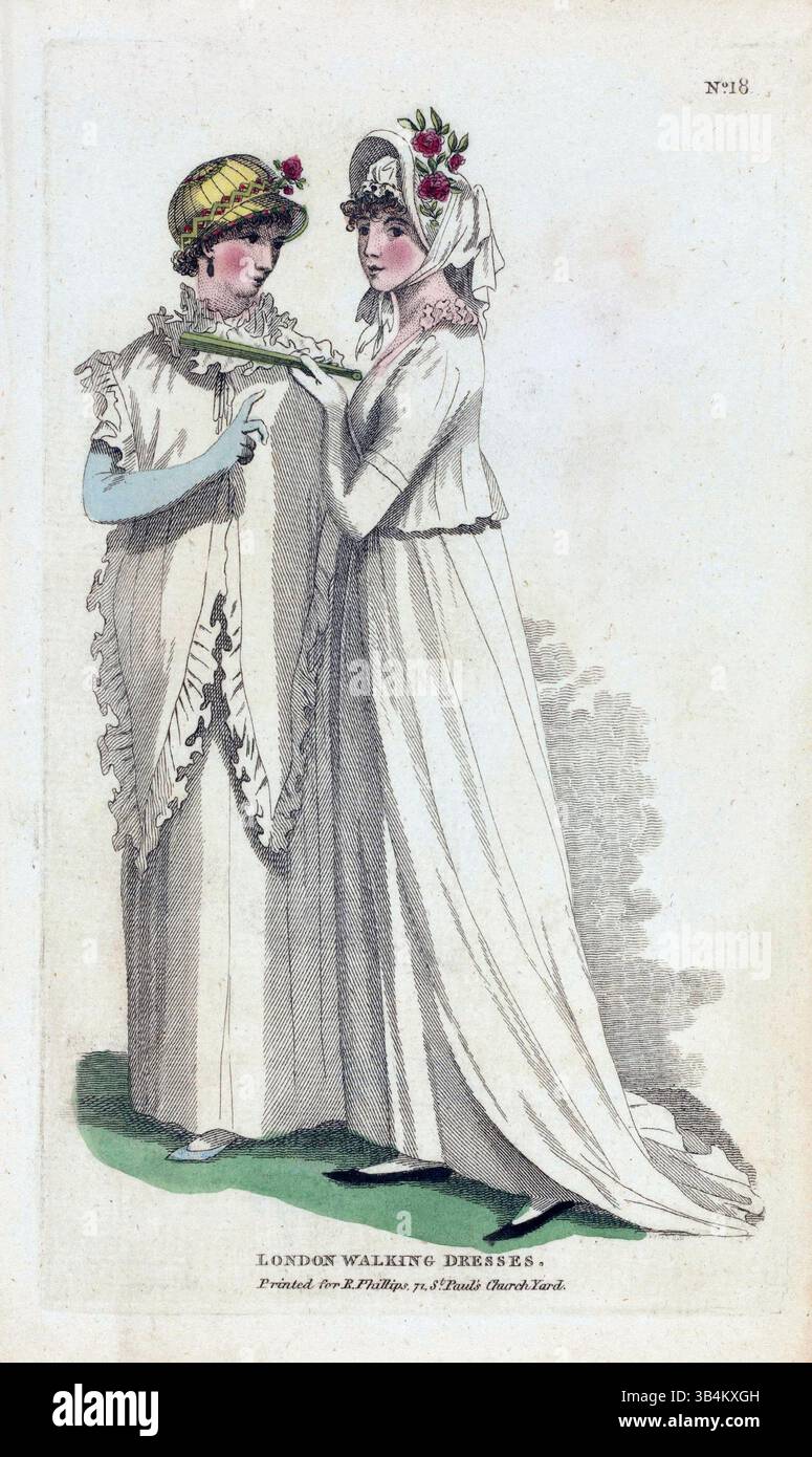 Incisione colorata a mano dalla rivista di moda femminile di Londra e Parigi pubblicata da Richard Phillips 1799 Londra abiti da passeggio, antiche stampe vintage abiti da donna Foto Stock