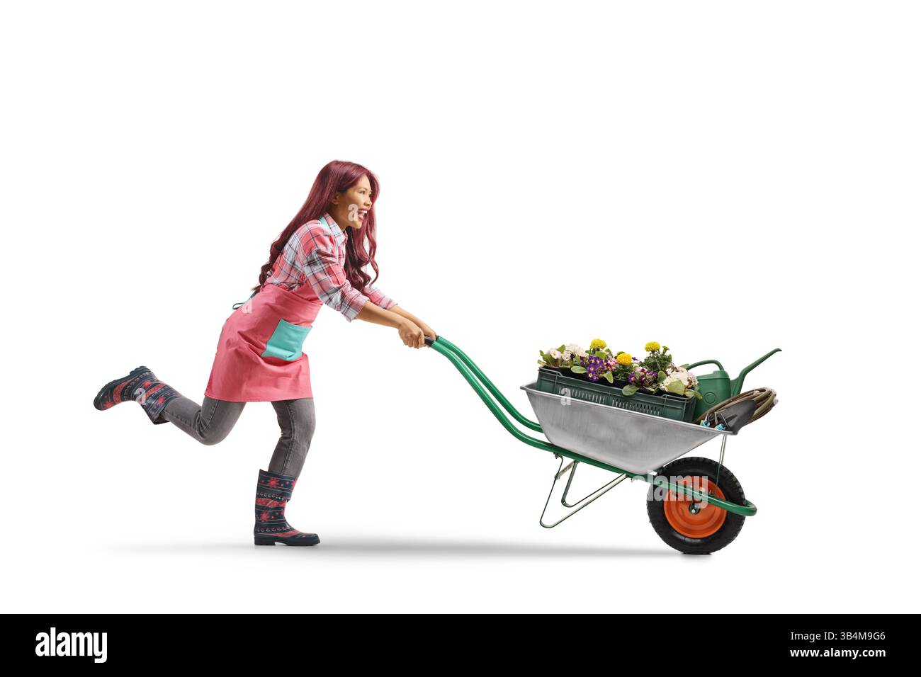 Eccitata giardiniera asiatica che spinge una carriola con fiori isolati su sfondo bianco Foto Stock