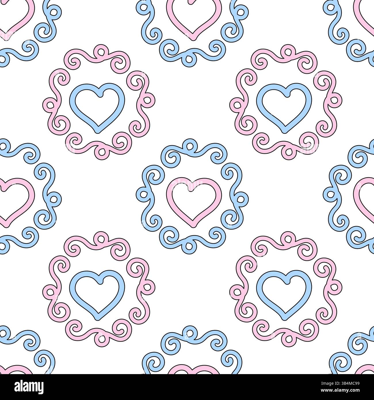 Romantico motivo senza cuciture caratterizzato da tenui colori pastello toni rosa e blu cuori incorniciati da eleganti design vorticosi su sfondo bianco. Ideale Illustrazione Vettoriale