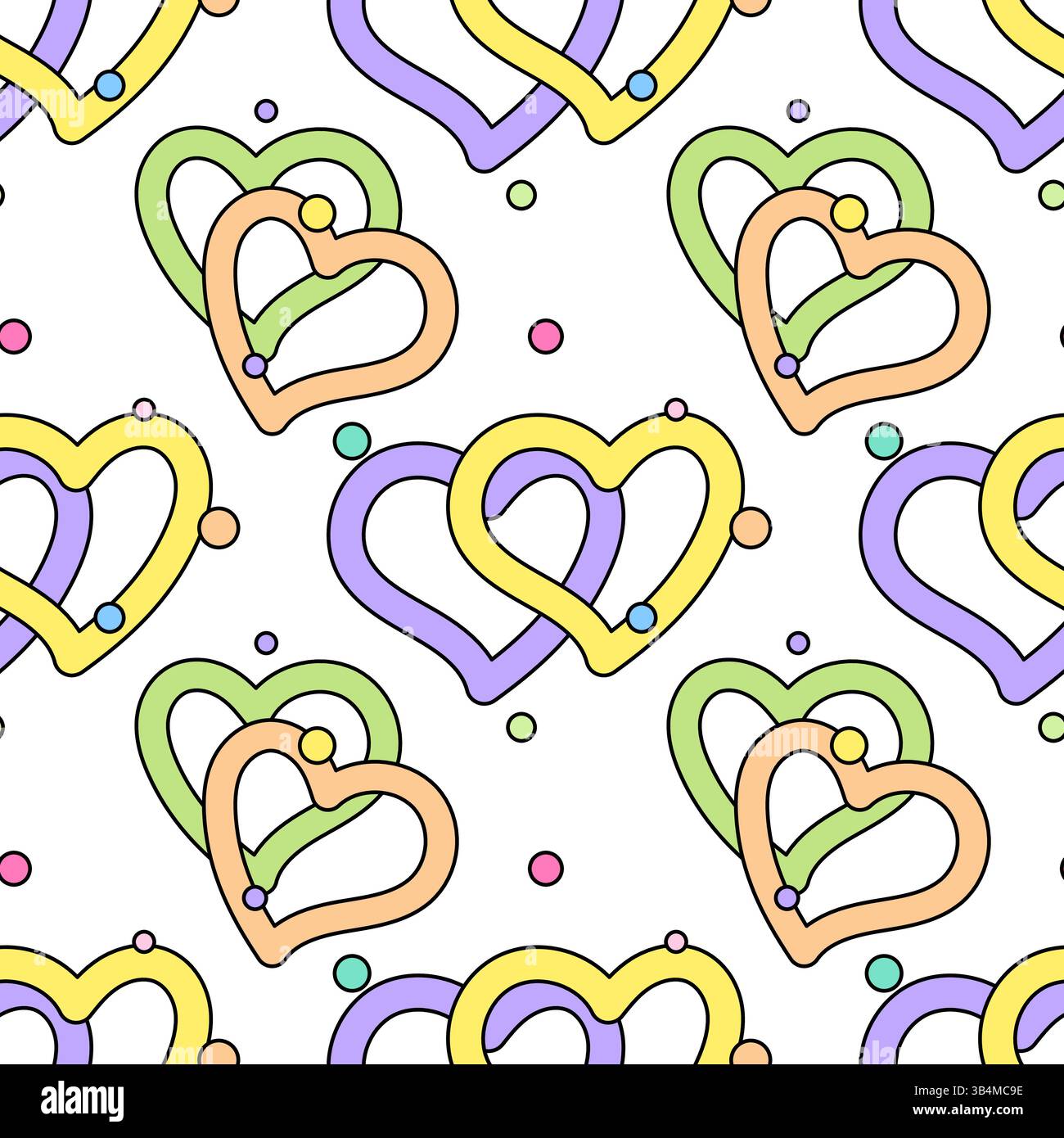 Vivace e vivace motivo senza cuciture caratterizzato da cuori a incastro color pastello con luminosi punti coriandoli su sfondo bianco. Perfetto per un soggiorno romantico Illustrazione Vettoriale