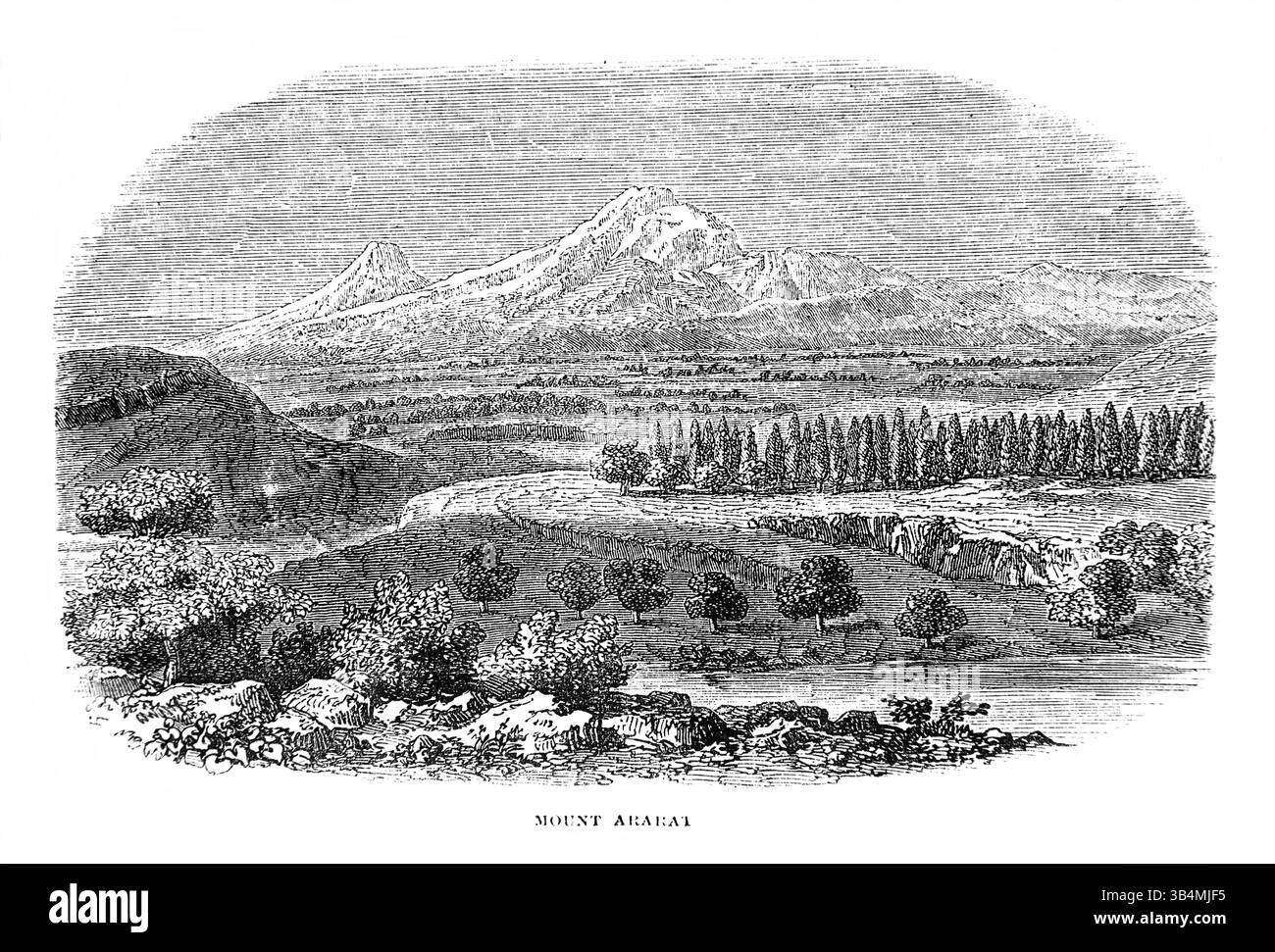 Illustrazione del Monte Ararat che si dice sia il luogo di riposo dell'Arca di Noè (Genesi) dall'Antica Ottocento la Sacra Bibbia contenente il Vecchio e il nuovo Foto Stock