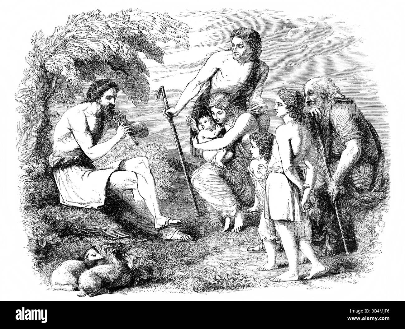 Illustrazione di un uomo che suona una pipa i primi strumenti musicali dell'Antica Ottocento la Sacra Bibbia contenente l'Antico e il nuovo Testamento con Foto Stock