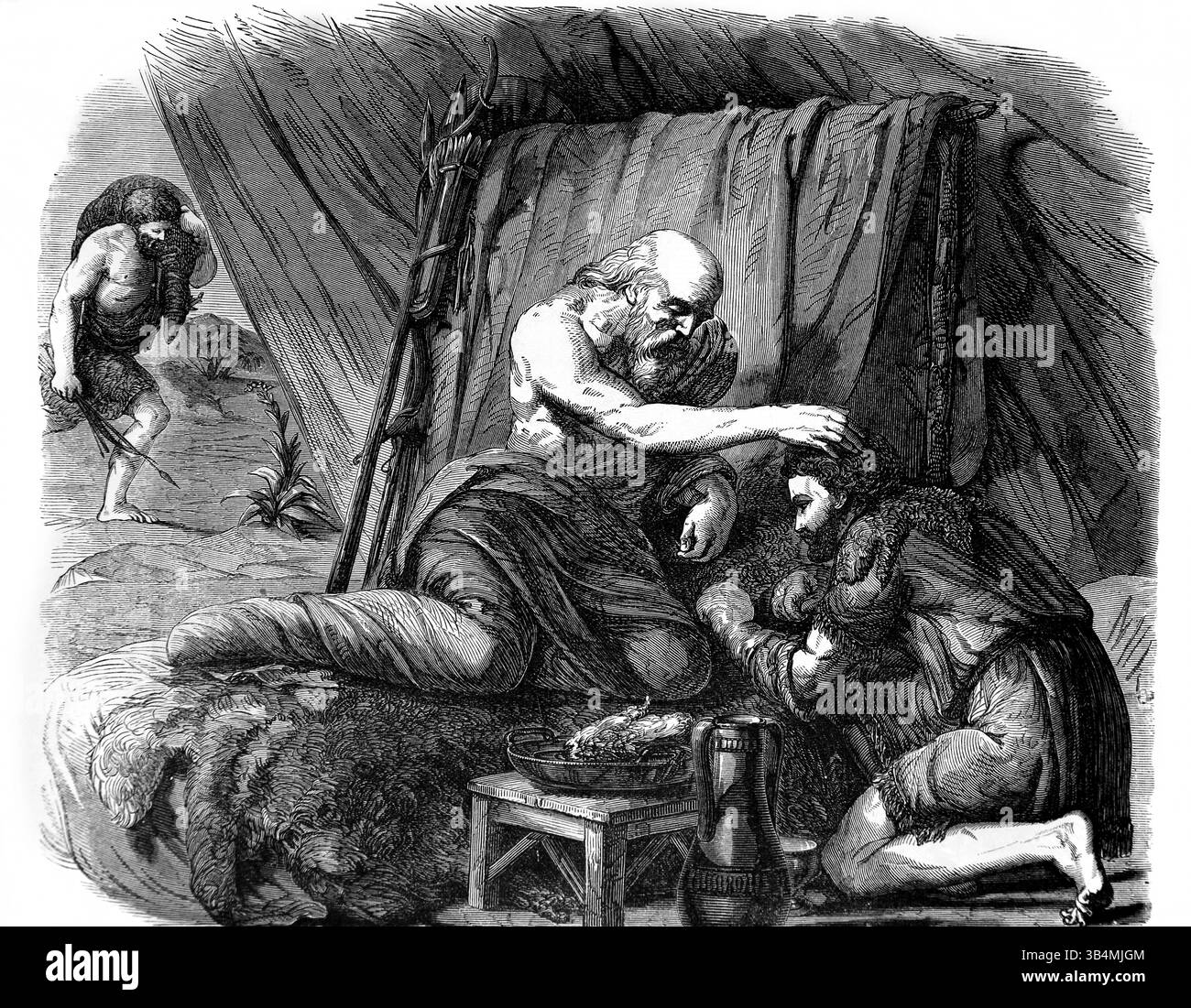 Illustrazione di Isaac Benedizione Giacobbe - Rebekah e l'inganno di Giacobbe di Isacco GenesisFrom Antique XIX secolo la Sacra Bibbia contenente il Vecchio e N Foto Stock