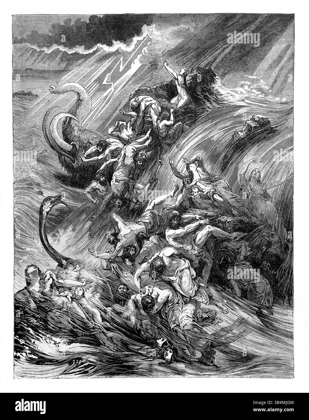 Il diluvio (il grande diluvio) con l'Arca di Noè in lontananza Genesi dall'Antica Ottocento la Sacra Bibbia contenente l'Antico e il nuovo Testamento wi Foto Stock