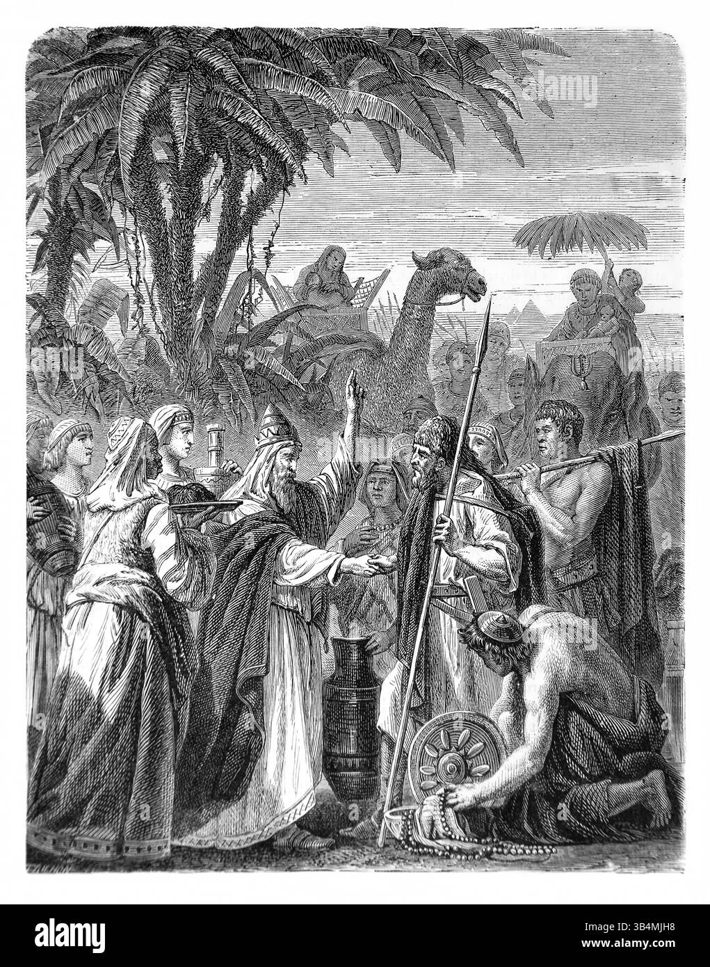 Illustrazione di Melchezidek (re di Salem) portato Pane e Benedizione del vino Abramo dall'Antico XIX secolo la Sacra Bibbia contenente il Vecchio e N Foto Stock