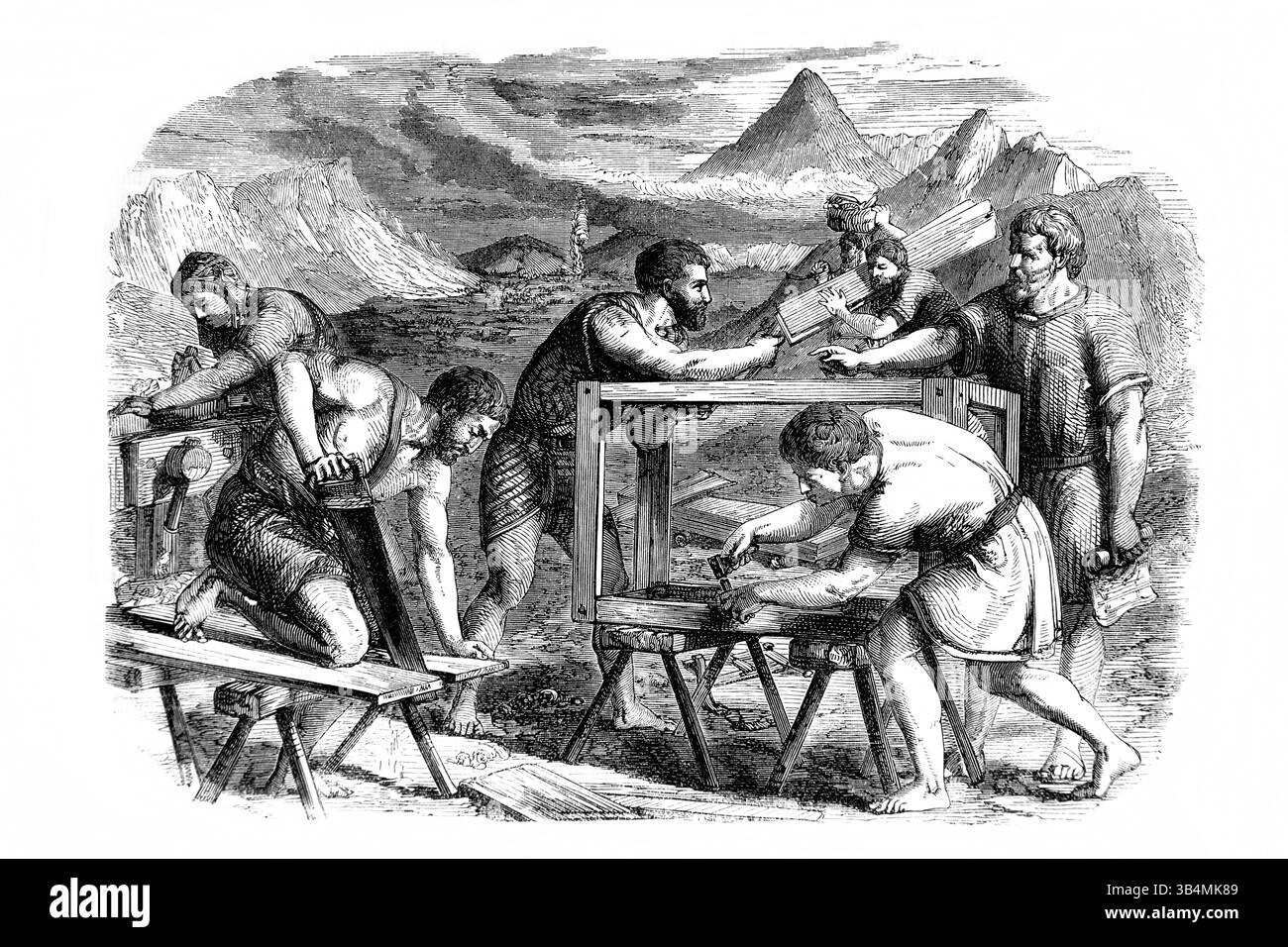 Illustrazione di Mosè e della costruzione dell'Arca per ospitare i dieci Comandamenti (Esodo) dell'Antica Ottocento la Sacra Bibbia contenente l'o Foto Stock