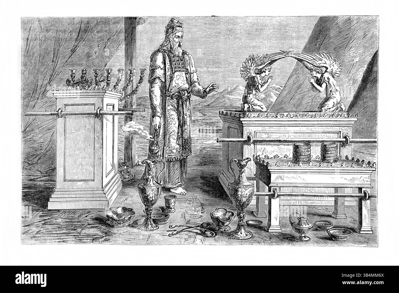 Illustrazione di un Sommo sacerdote e la mobilia del Tabernacolo che mostra la Tavola del Pastore, l'altare dell'Incenso, l'Arca dell'Alleanza e l'Oro Foto Stock