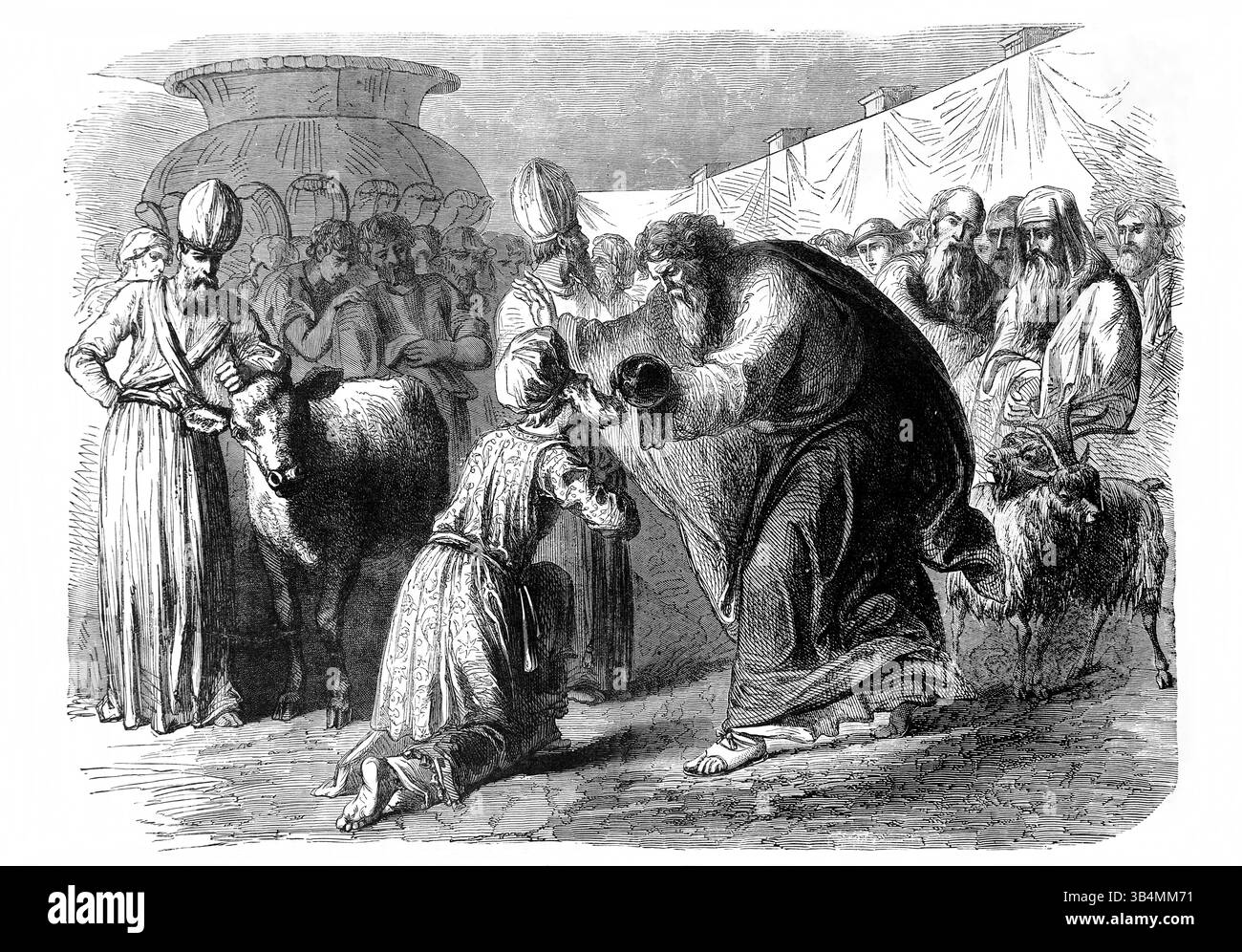 Illustrazione di Mosè che consacra Aronne e i suoi figli (Levitico) dall'Antico XIX secolo la Sacra Bibbia contenente l'Antico e il nuovo Testamento con Foto Stock