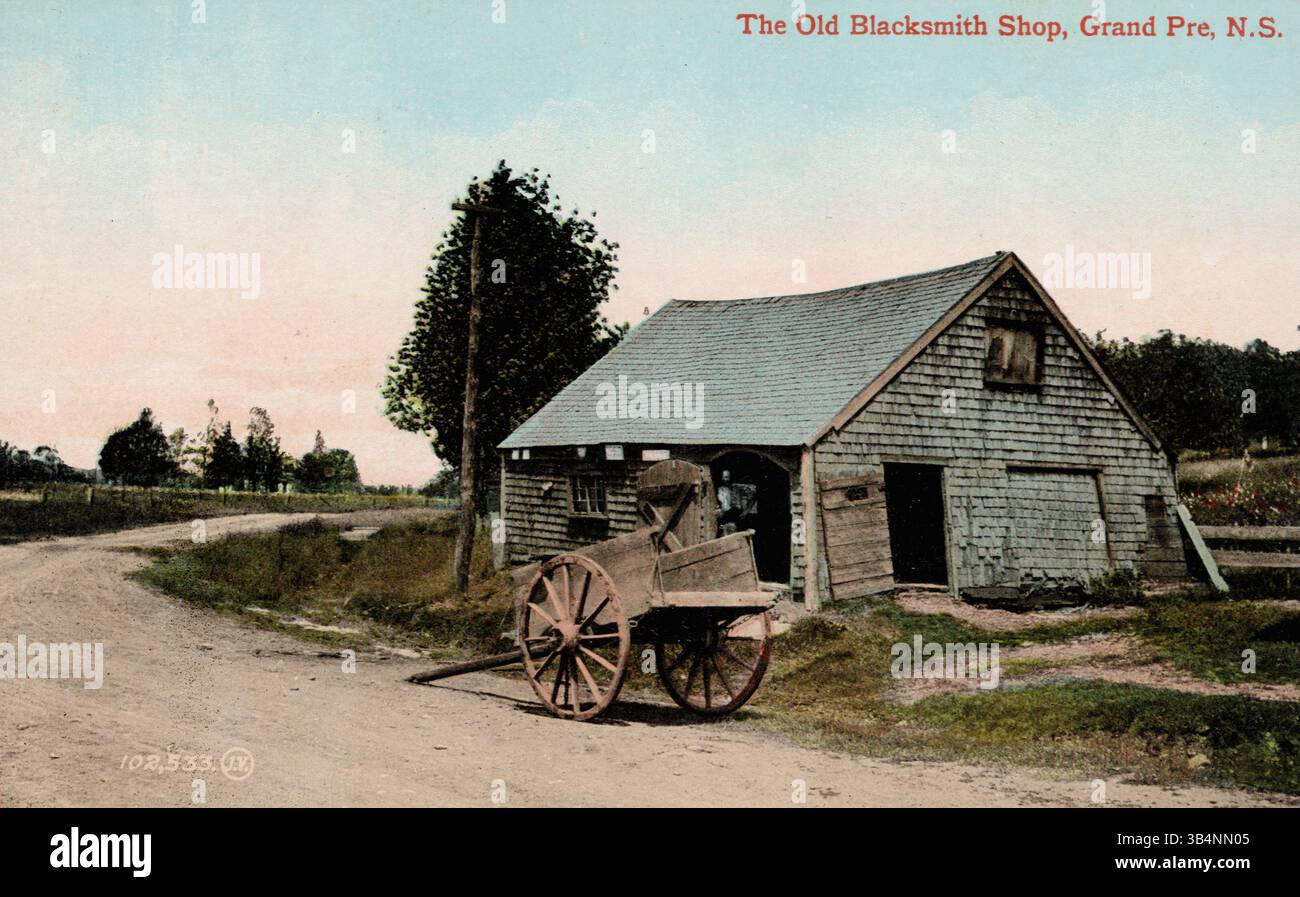 Old Blacksmith Shop, Grand Pre Nova Scotia Canada, cartolina degli anni '1910 circa. fotografo non identificato Foto Stock