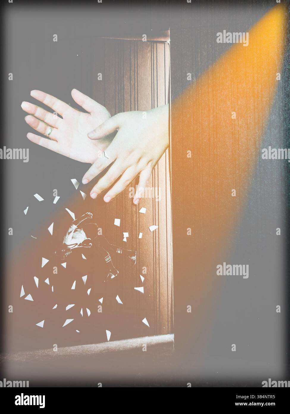 Collage di mani che gettano un uomo e briciole simboleggiano il divorzio Foto Stock