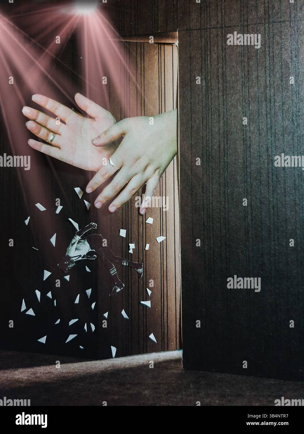 Collage di mani che gettano un uomo e briciole simboleggiano il divorzio Foto Stock