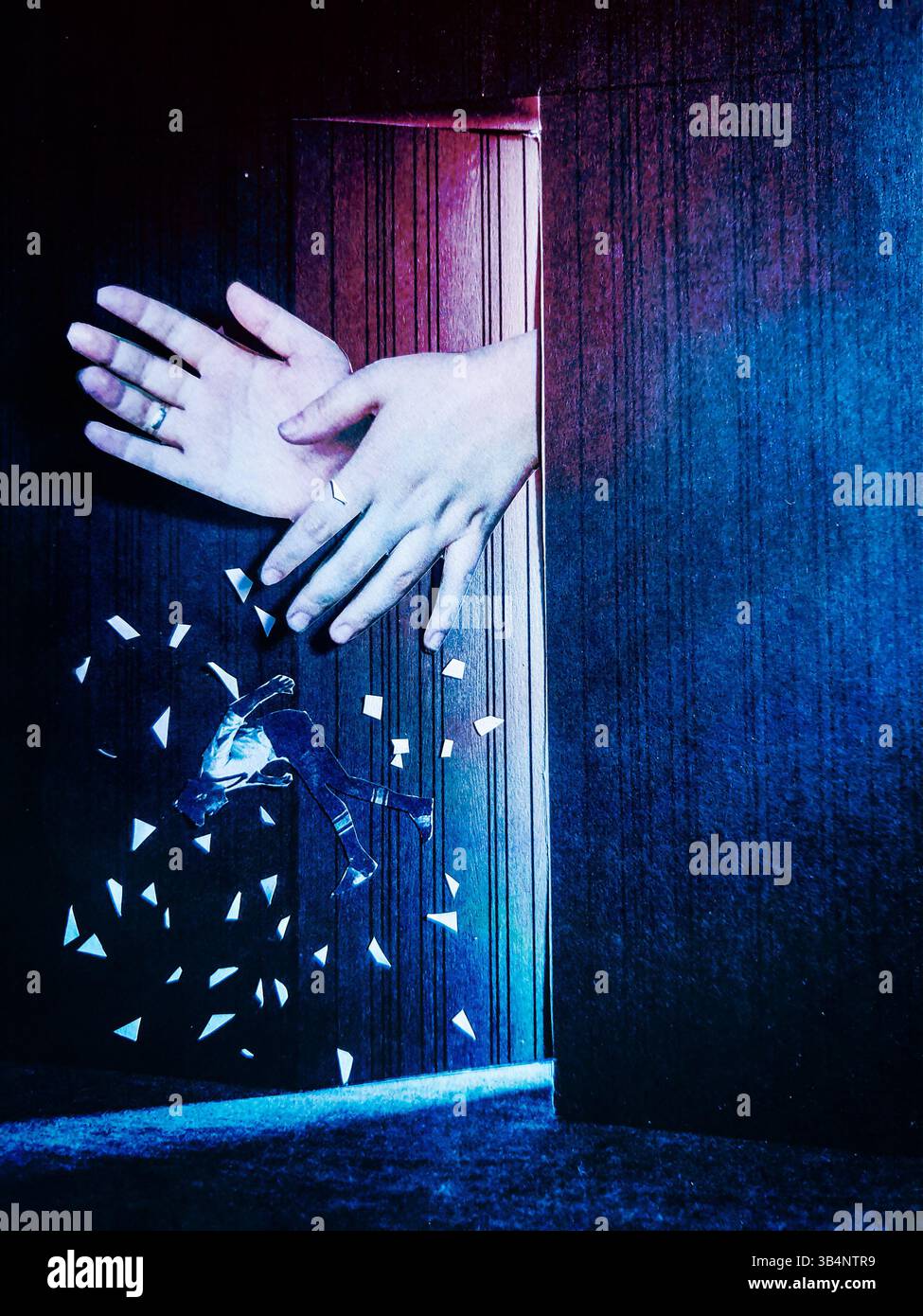 Collage di mani che gettano un uomo e briciole simboleggiano il divorzio Foto Stock