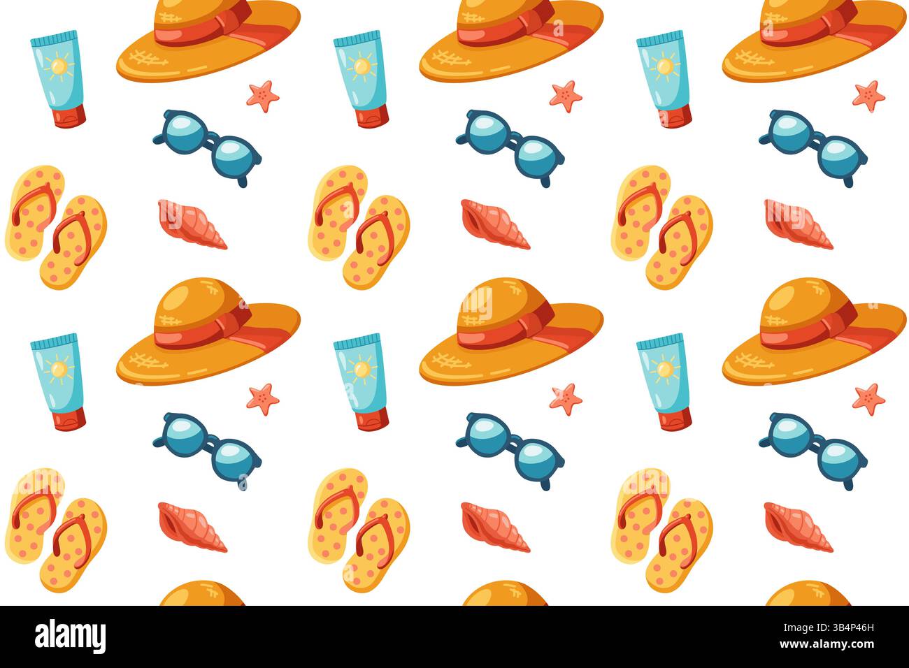 Modello estivo senza cuciture con cappelli di paglia da spiaggia, occhiali da sole, infradito, tubi per la protezione solare, conchiglie rosse e piccole stelle marine Illustrazione Vettoriale