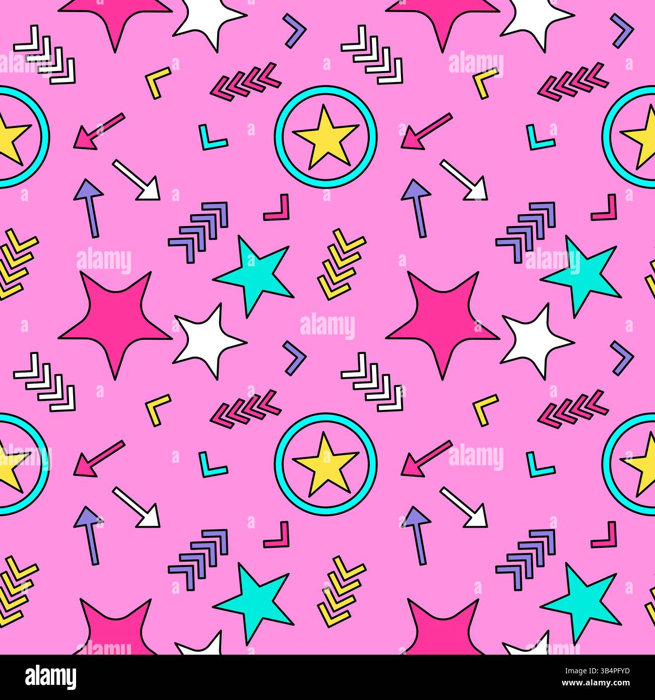 Simpatico e vivace motivo senza cuciture in Memphis e ingenui modelli di cartoni animati con stelle colorate in anelli e frecce su sfondo rosa. Ideale per il ki Illustrazione Vettoriale
