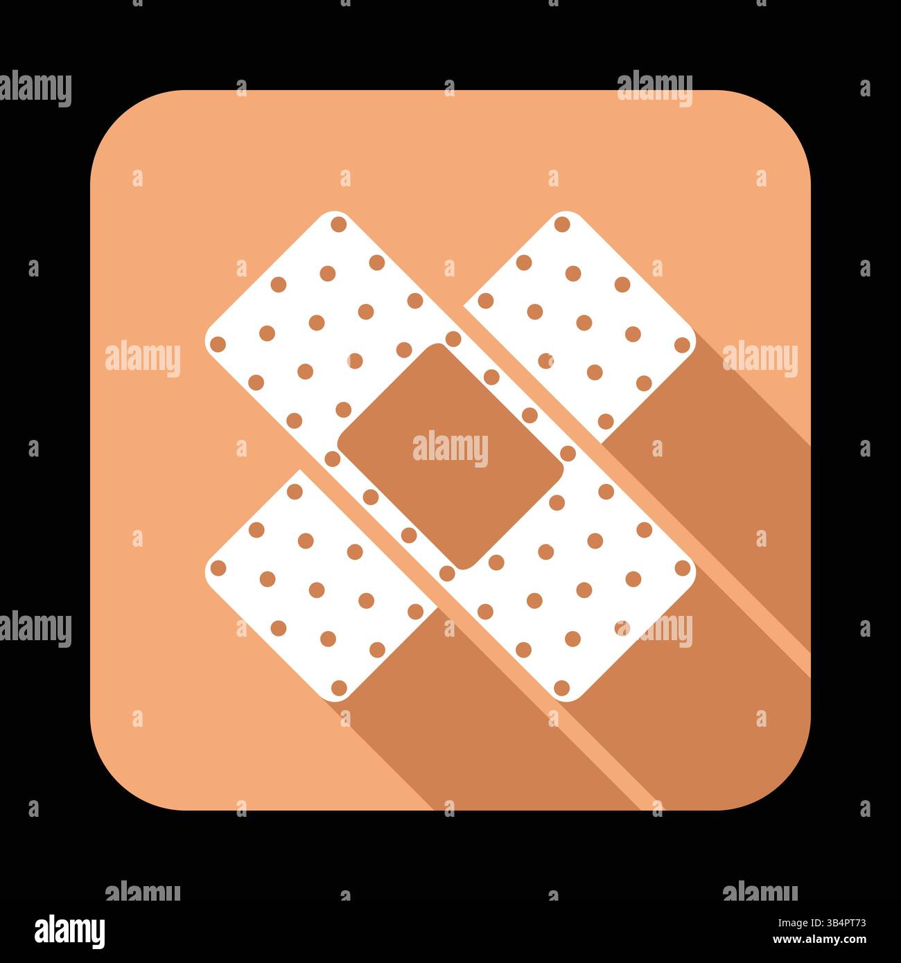 Icona delle bende adesive bianche incrociate con ombre lunghe sullo sfondo di pesca, simboleggiando l'assistenza medica, la guarigione e il pronto soccorso Illustrazione Vettoriale