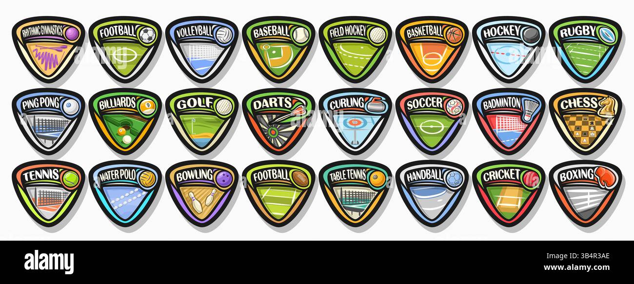 Set di loghi Vector Sport, gruppo di semplici adesivi con palla volante su traiettoria curva, collezione di segni sportivi neri dal design minimale con equi di gioco Illustrazione Vettoriale