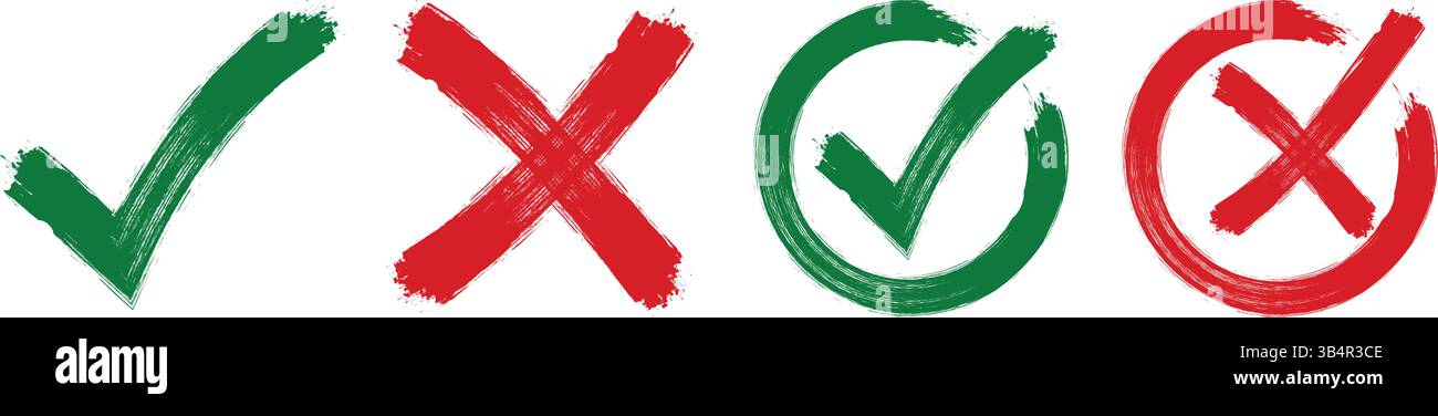 Grunge il segno di spunta astratto e il simbolo a croce. Segno di spunta e segni incrociati. Set vettoriale di segni di spunta e segni a croce in stile pennello disegnato a mano. Illustrazione Vettoriale