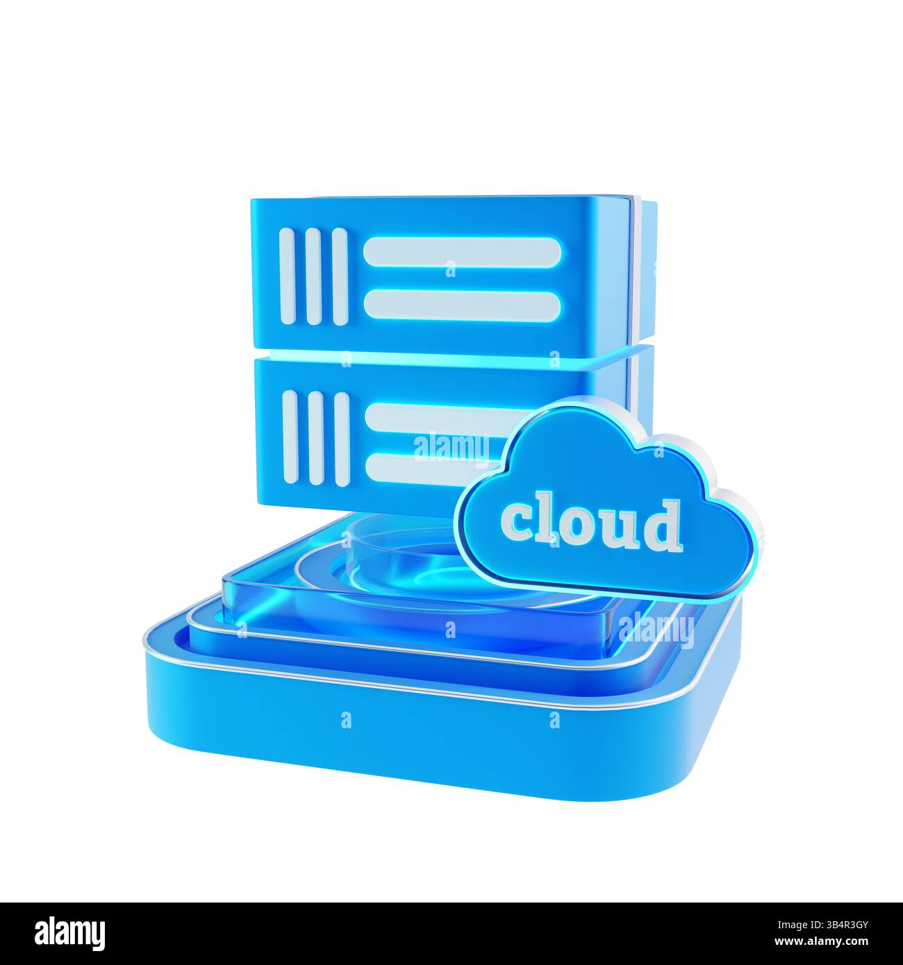 Icona 3D dell'edificio del server di database con un simbolo di cloud computing, posizionata su un podio. Foto Stock