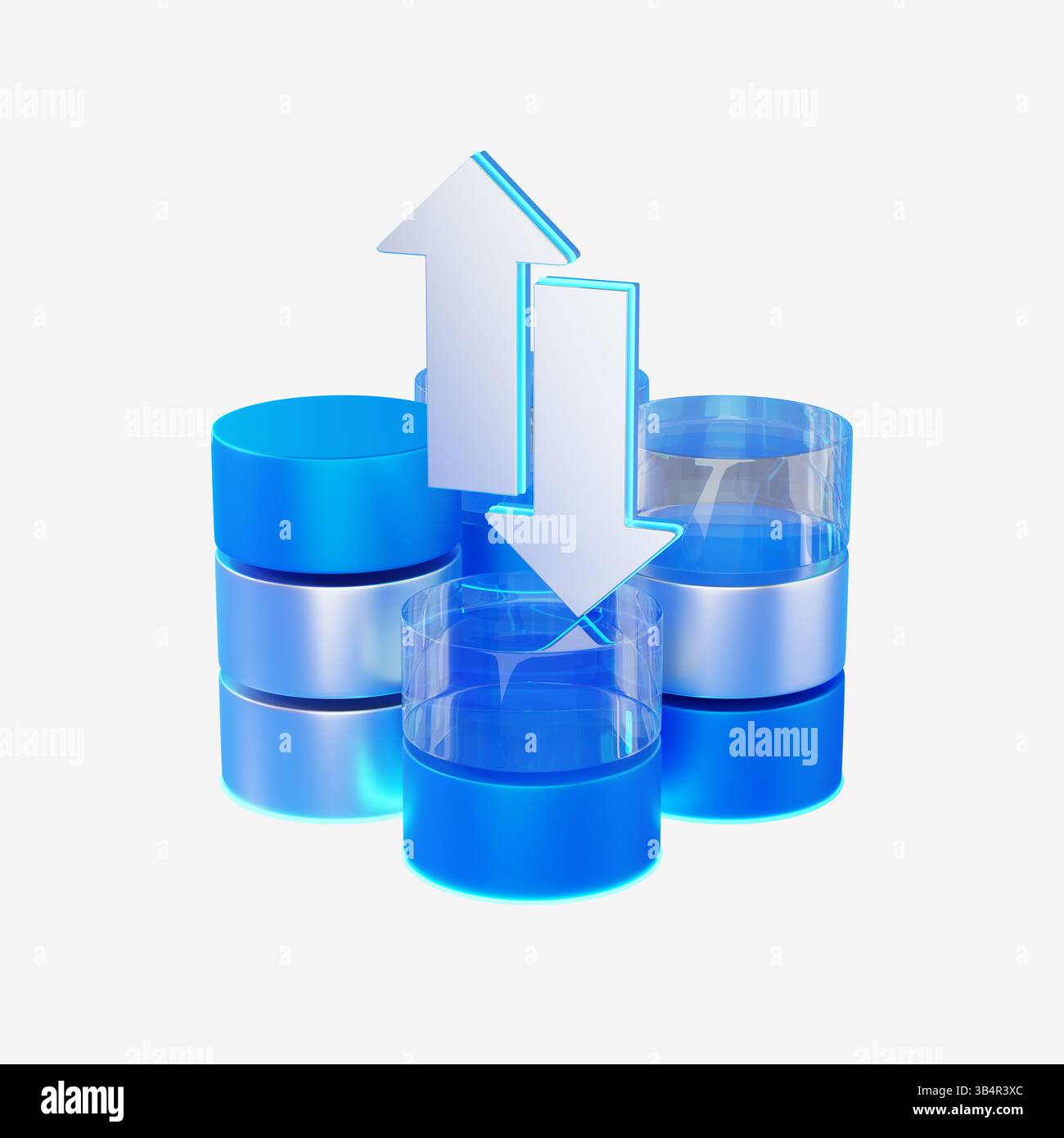 Icona 3D di un concetto di database e server con simboli a freccia. Foto Stock