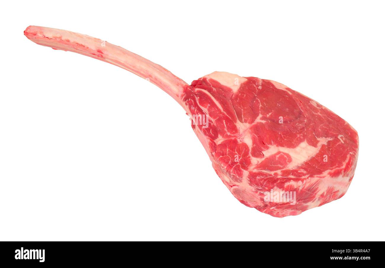Bistecca fresca di manzo di tomahawk crudo sull'osso stagionato per trenta giorni isolato su fondo bianco Foto Stock