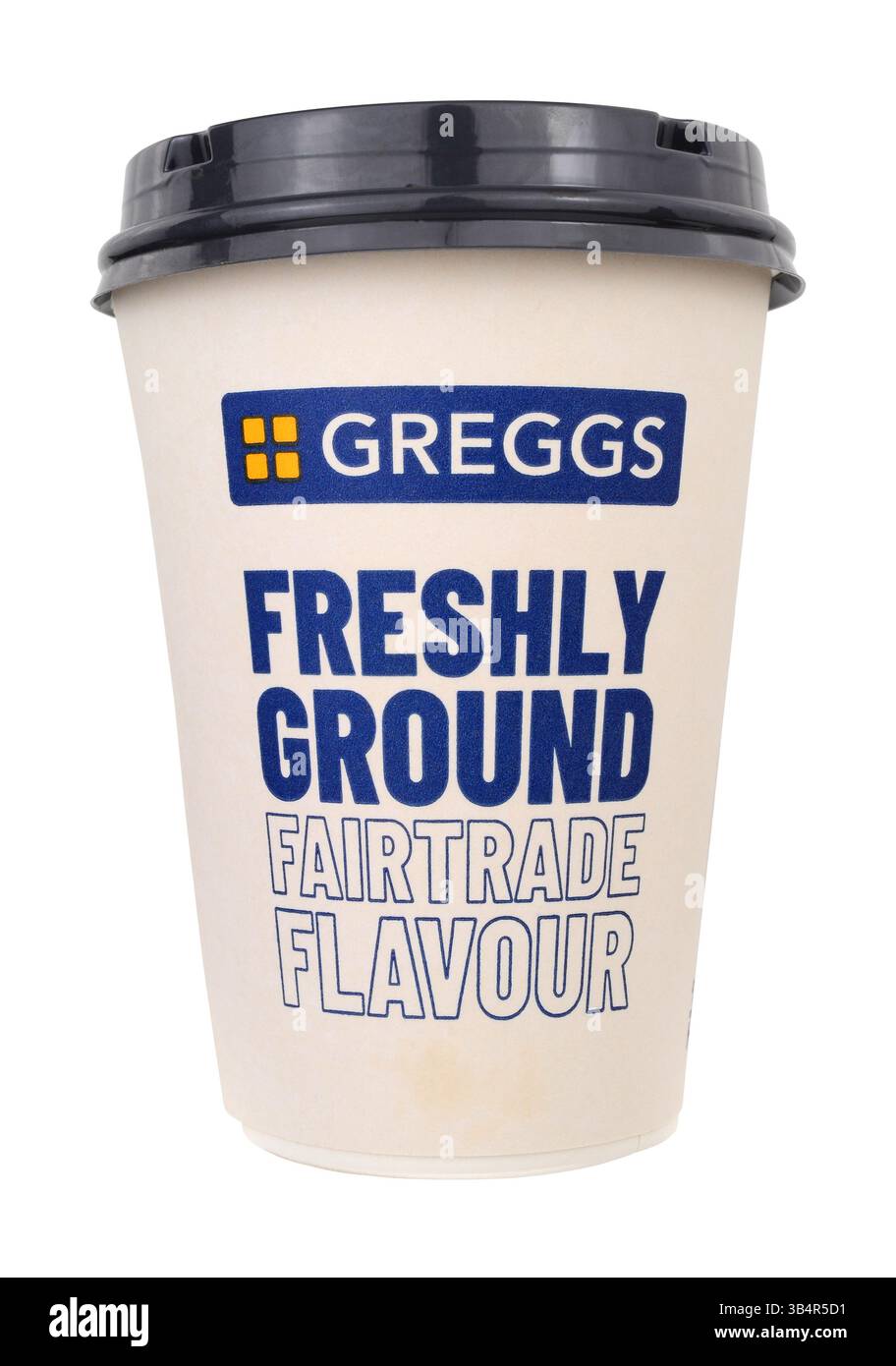 Caffè Greggs appena macinato fairtrade in una tazza da asporto usa e getta Foto Stock
