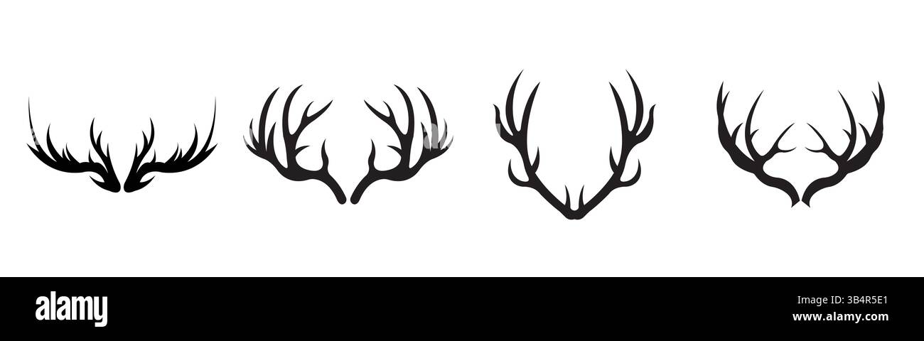 Set di silhouette Cervo Antler con diverse forme di corno su sfondo bianco Illustrazione Vettoriale
