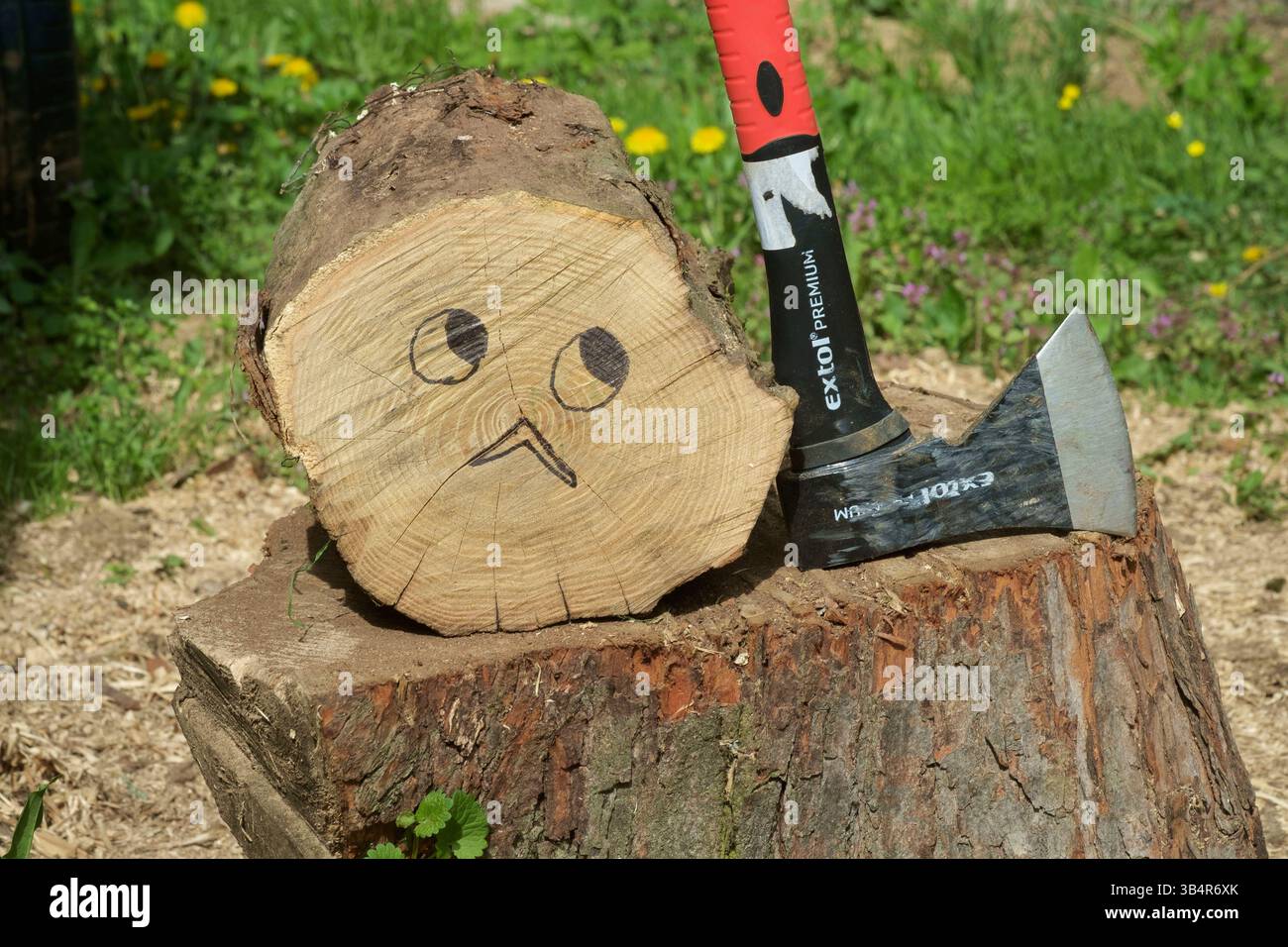 troncare l'albero sul blocco di triturazione accanto all'ascia con la faccia preoccupata disegnata con la penna Foto Stock