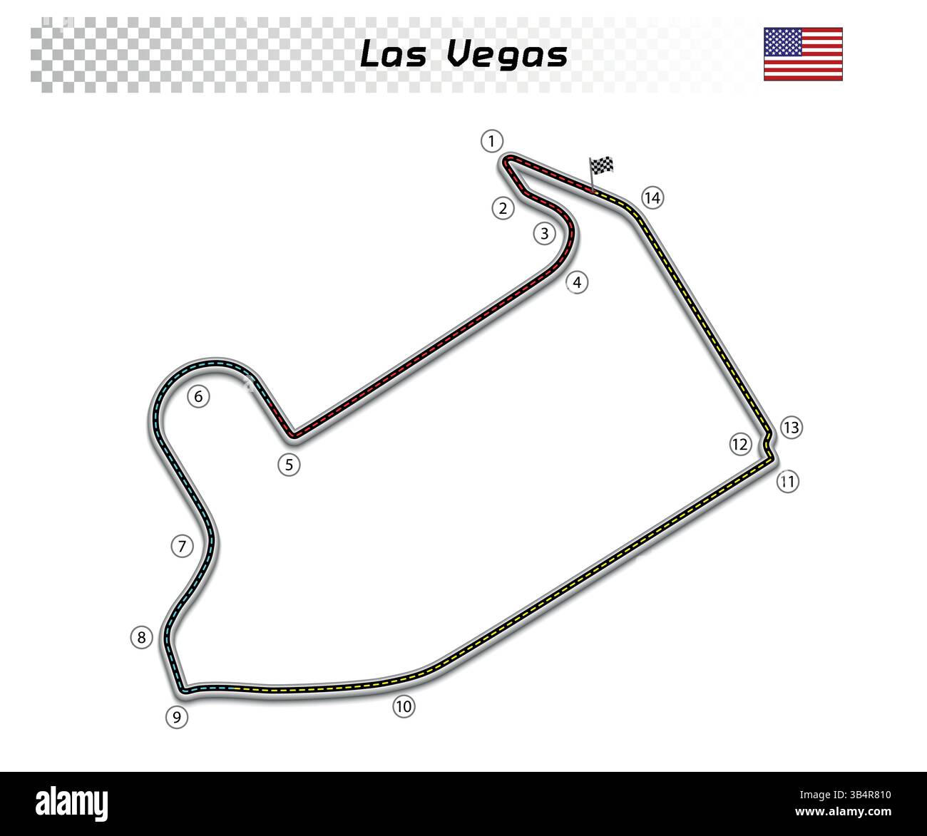 Circuito di Las Vegas per sport motoristici e autosport. Circuito del Gran premio degli Stati Uniti. Illustrazione Vettoriale