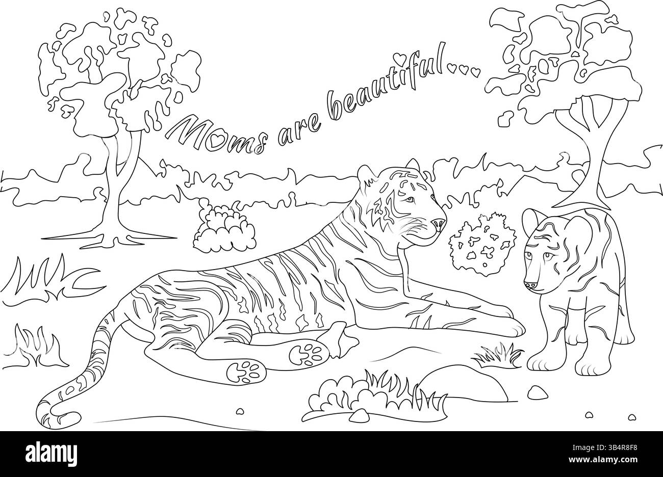 Mother Tiger e Cub Coloring Page - le mamme sono bellissime Illustrazione Vettoriale