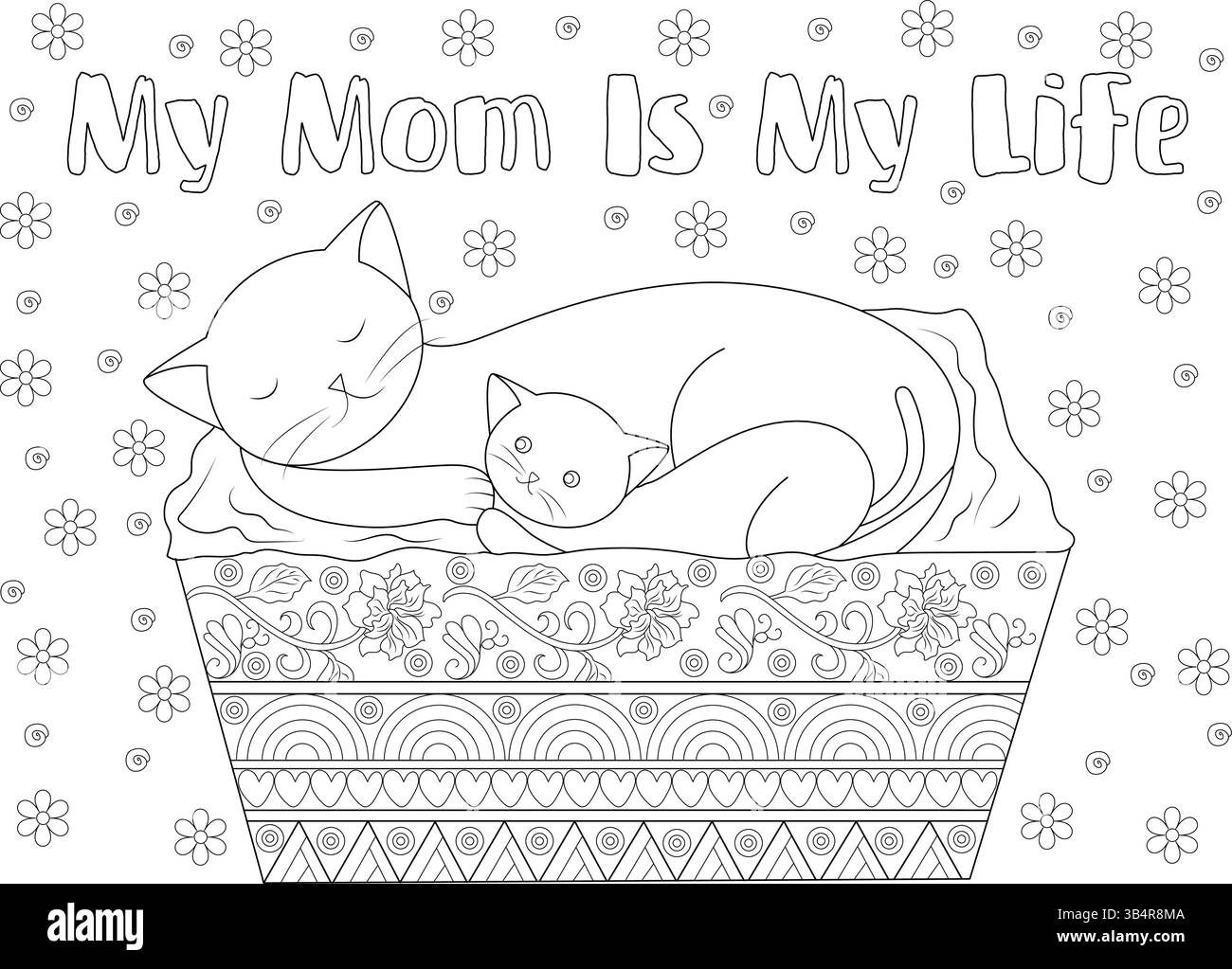 Pagina da colorare per la festa della mamma con gatti Illustrazione Vettoriale