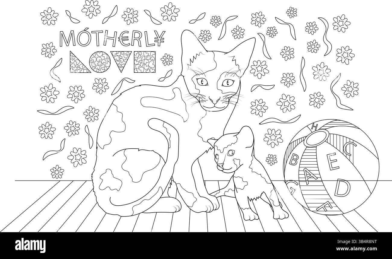 Mother Cat and Kitten - pagina da colorare per la festa della mamma Illustrazione Vettoriale