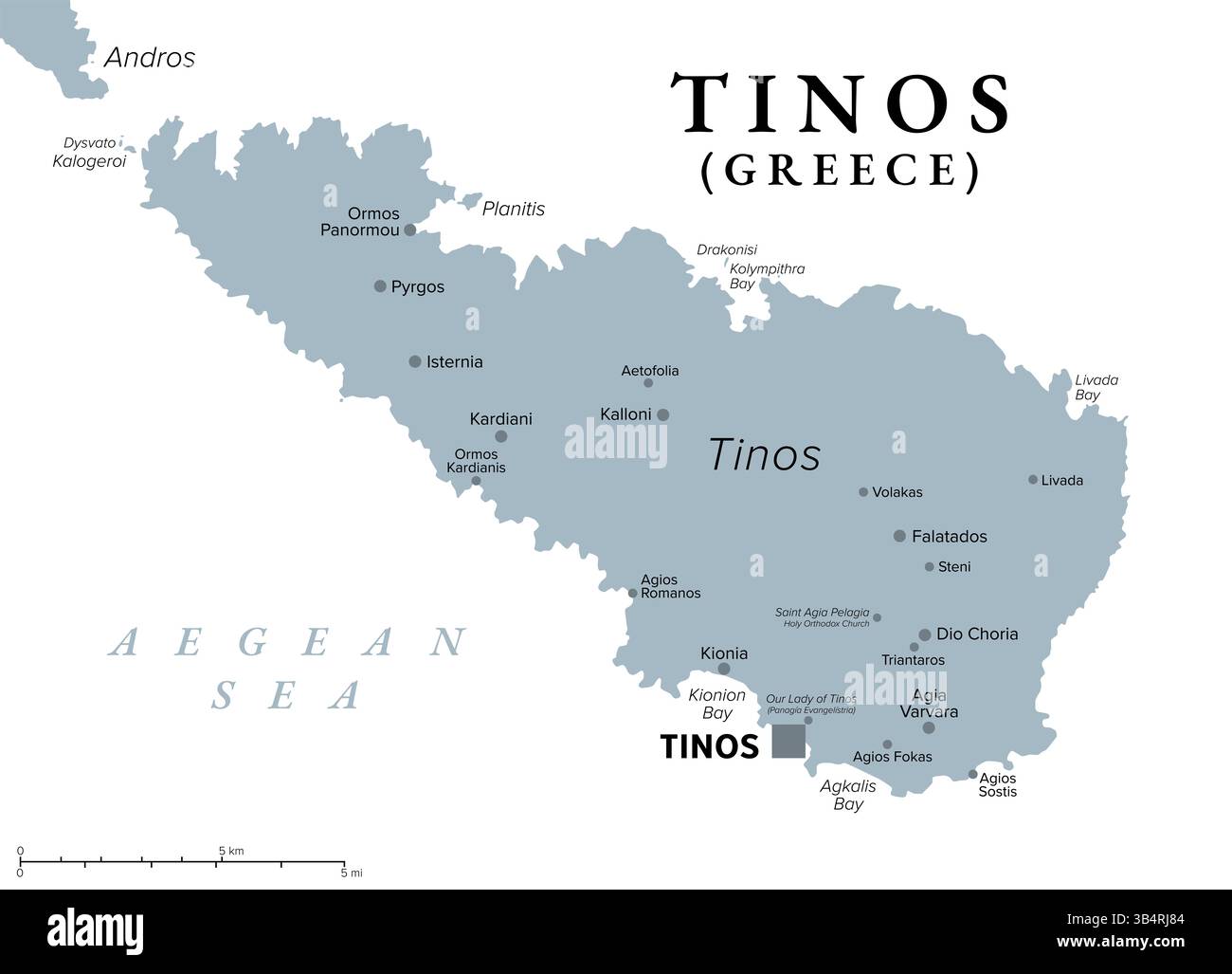Tinos, isola greca nel Mar Egeo, mappa politica grigia. Parte delle Isole Cicladi, a sud di Andros. Sito di pellegrinaggio per i cristiani greco-ortodossi. Foto Stock