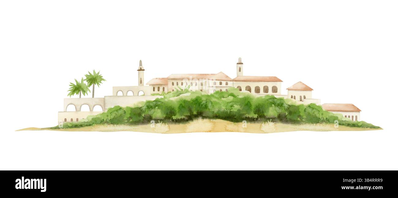 Città vecchia architettura mediterranea illustrazione ad acquerello isolata sul bianco. Antichi palazzi toscani o adriatici paesaggi alberati. Urbano Foto Stock