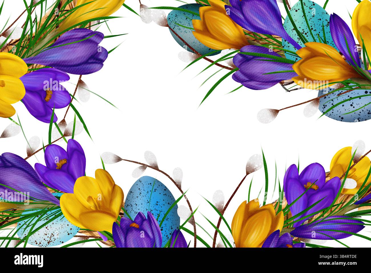 Cornice rettangolare orizzontale pasquale, striscione, con croci gialli e viola, rami, bacche blu Foto Stock