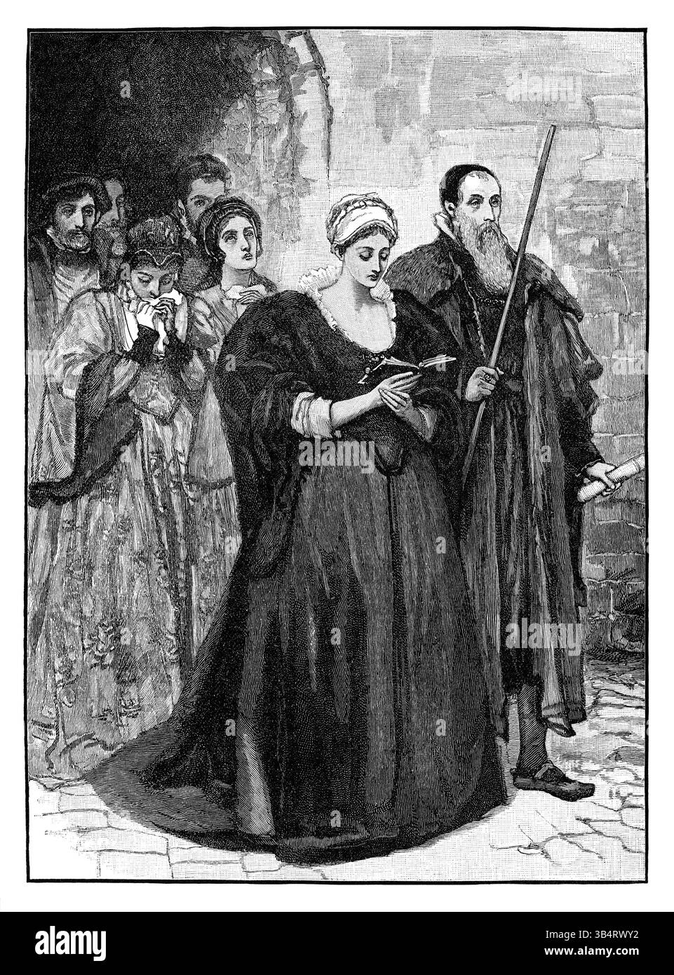 Incisione in legno vittoriano d'epoca di Lady Jane Grey che va alla sua esecuzione nella Torre di Londra nel 1554. Foto Stock Incisione in legno vittoriano d'epoca di Lady Jane Grey che va alla sua esecuzione nella Torre di Londra nel 1554. Foto Stock