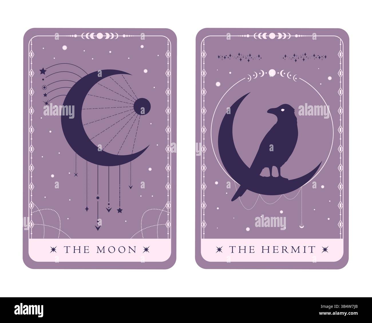 I Tarocchi simboleggiano la Luna e l'Eremita. Carte magiche di tarocchi celesti del maggiore Arcana. Mistero, astrologia, alchimia. Illustrazione vettoriale Illustrazione Vettoriale
