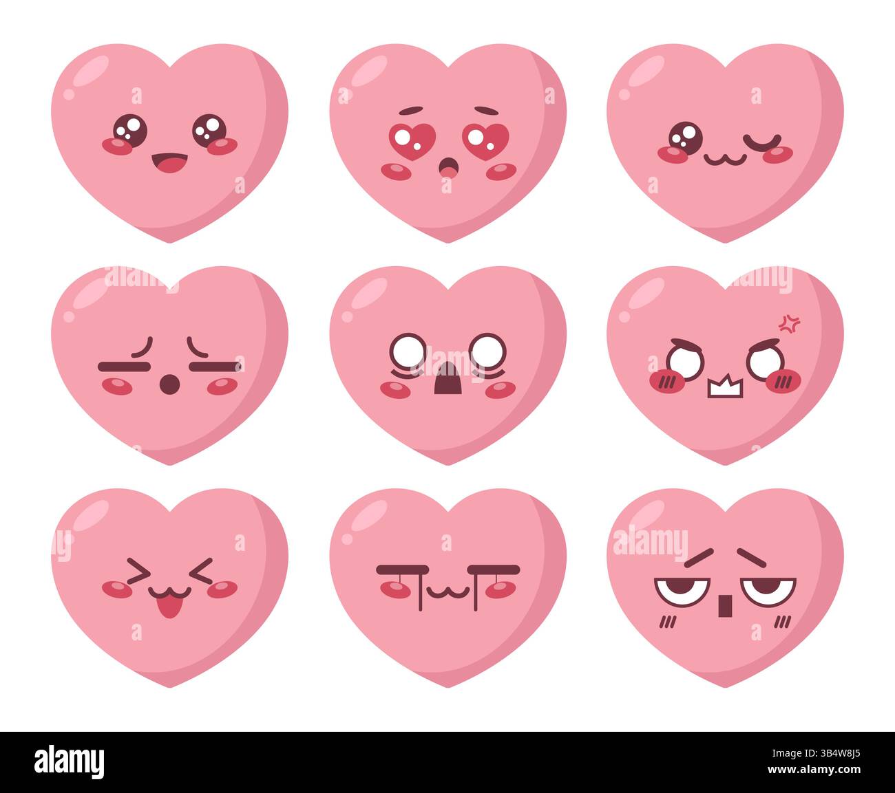 Set di emoji manga con carino cuore. Icone emoji della mascotte dei cartoni animati del cuore. Illustrazione vettoriale Illustrazione Vettoriale