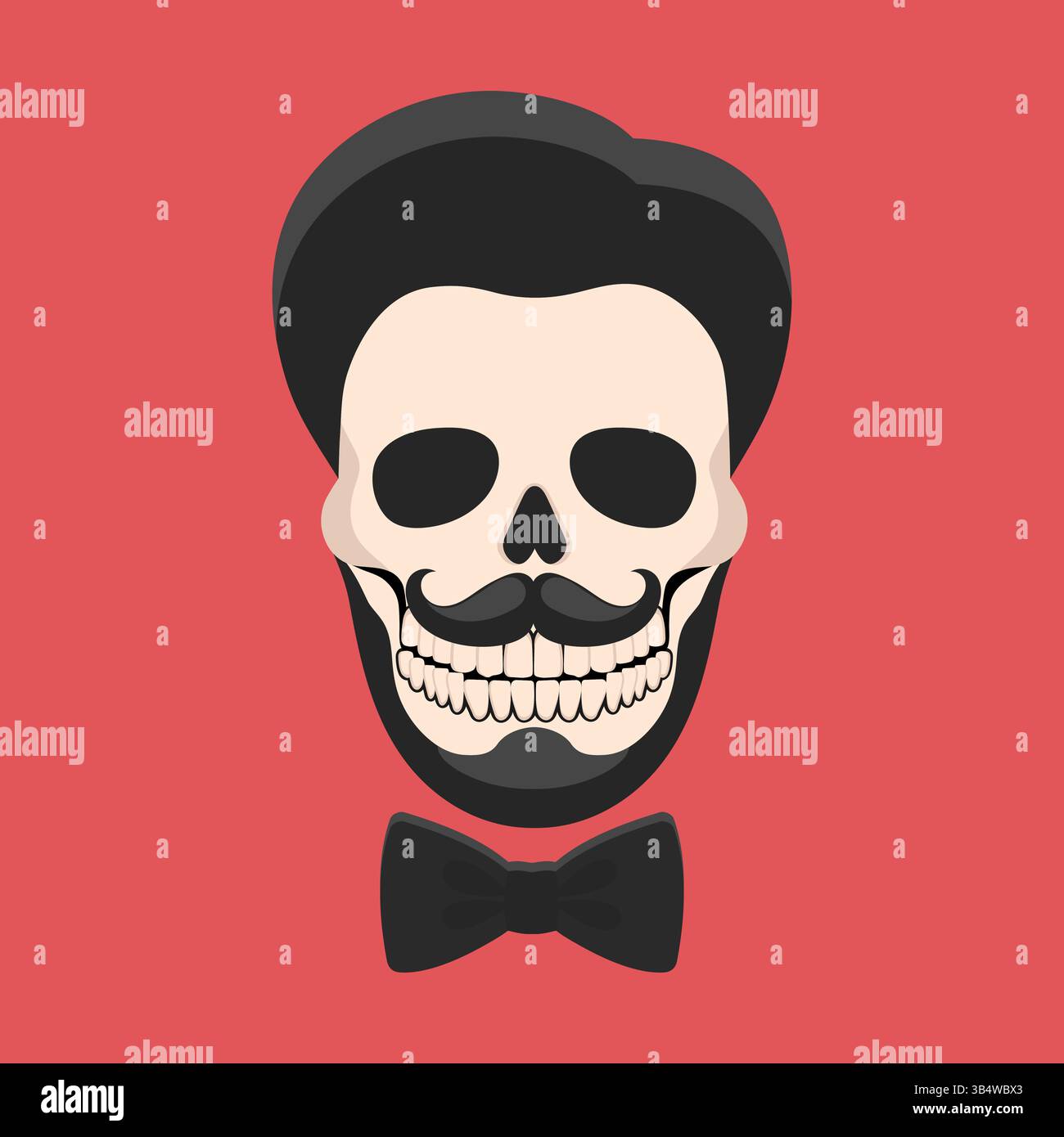 Teschio maschile con taglio di capelli, baffi e barba con fiocco con cravatta. Logo hipster gentleman skull icon emblema. Illustrazione vettoriale Illustrazione Vettoriale
