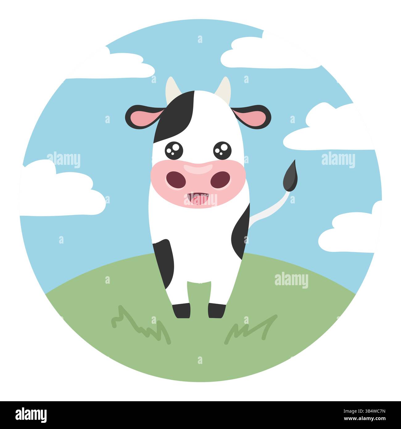 Mucca cartoni animati sul prato verde. Una mucca carina. Illustrazione vettoriale Illustrazione Vettoriale