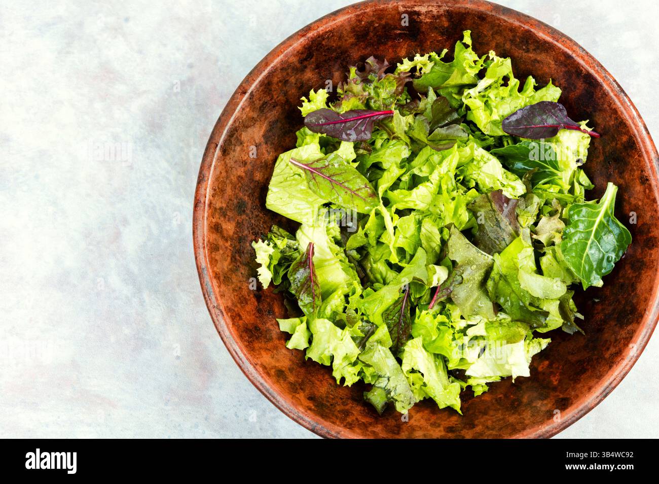 Mix di foglie di insalata verde fresca. Dieta Keto o paleo. Spazio per il testo. Foto Stock
