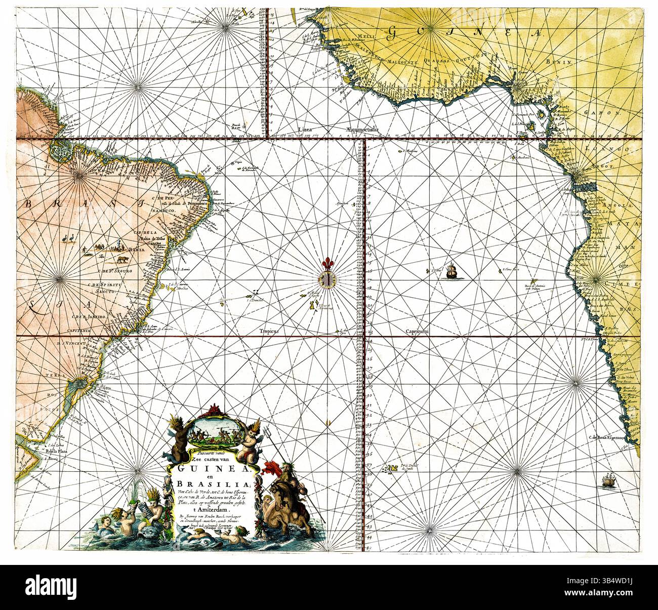 Pascaarte vande Zee custen van Guinea en Brasilia, 1680 Amsterdam, antica mappa nautica, coste atlantiche dell'Africa e del Sud America Foto Stock