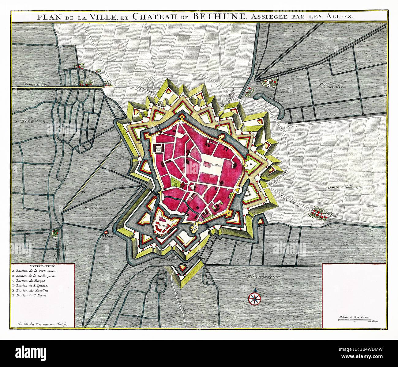 Plattegrond van Béthune, antica mappa della città di Béthune, Francia, cartografo anonimo, pianta cittadina del XVII-XVIII secolo Foto Stock